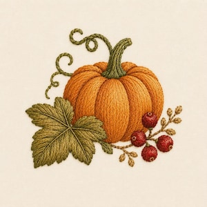 May include: An embroidery design featuring a central orange pumpkin with a green stem and curling vines. To the left is a large, textured green leaf, and to the right is a small branch with several round, deep red berries on a cream background.