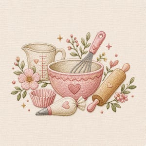 May include: An embroidery design featuring a cream measuring cup, a pink mixing bowl, a whisk, a wooden rolling pin, a cupcake liner, and a piping bag. The composition is decorated with pink flowers, green leaves, and small gold star accents.