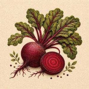Puede incluir: Obra de arte bordada que presenta una representación detallada de remolachas. La imagen muestra una remolacha entera y una rebanada, ambas en tonos rojos, con hojas verdes y rojas. La obra de arte está sobre un fondo neutro, resaltando los colores y texturas vibrantes.
