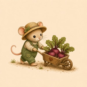 Könnte beinhalten: Eine Illustration einer Maus mit Strohhut und grünen Latzhosen, die eine Holzkarre mit Rüben schiebt. Die Rüben haben grüne Blätter und sind tiefrot. Die Maus befindet sich auf einem beigefarbenen Hintergrund.