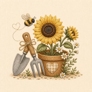 Può includere: Un ricamo raffigurante un girasole giallo in un vaso marrone con motivo a cuore, una paletta da giardino, un forchettone legato con spago e un bombo che vola vicino a una scia a forma di cuore tratteggiata. Piccole margherite bianche crescono alla base.