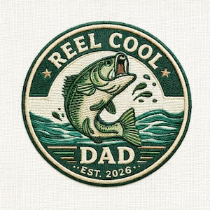 May include: Embroidered patch with a circular design featuring a leaping green fish, water, and the text "REEL COOL DAD EST. 2026". The patch has a dark green border with white and tan accents, and two small stars.