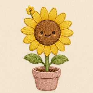 Diseño de bordado de girasol adorable en maceta, archivo de bordado a máquina de girasol kawaii, patrón de bordado de maceta con flores sonrientes, decoración para guardería