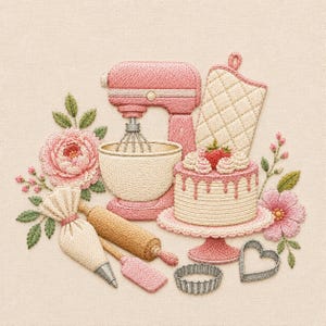 Könnte beinhalten: Ein Stickdesign mit einer rosa Küchenmaschine, einem beigen Ofenhandschuh, einem Kuchen auf einem Ständer, einem Spritzbeutel, einem Nudelholz, einem Teigschaber und zwei Ausstechformen, umgeben von gestickten rosa Blumen und grünen Blättern.