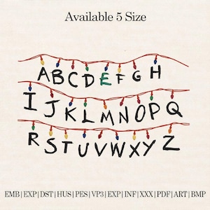 May include: An embroidered design featuring the alphabet from A to Z, with each letter strung on a red wire with colorful Christmas lights. The text "Available 5 Size" is at the top. Below the alphabet are file format abbreviations.