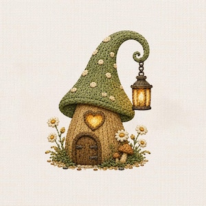 May include: A whimsical illustration of a mushroom-shaped house with a green, dotted cap and a heart-shaped window. A lantern hangs from the cap's swirl. Daisies and mushrooms surround the house, creating a fairy tale scene.
