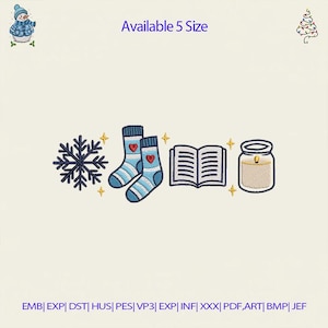 May include: An embroidered design featuring a snowflake, a pair of blue socks with red hearts, an open book, and a candle in a jar. The text "Available 5 Size" is displayed above the design. The design is surrounded by small yellow stars.