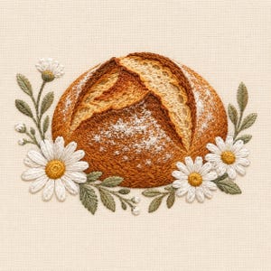 May include: An embroidery design on cream fabric featuring a round, golden-brown loaf of sourdough bread with a scored crust. The bread is framed by white daisy flowers with yellow centers and green leaves, arranged symmetrically on both sides.