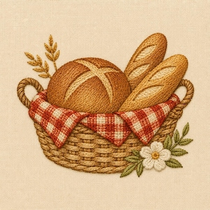 May include: An embroidery design featuring a woven basket filled with a round loaf of bread and two baguettes. The basket is lined with a red and white checkered cloth. Wheat stalks and a small white flower are stitched on the sides.