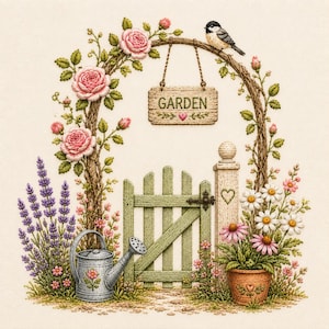 May include: A detailed illustration of a garden scene. A wooden archway is adorned with pink roses and green leaves. A sign reading "GARDEN" hangs from the arch. A green gate, a watering can, and various flowers are also present.