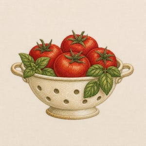 Op de afbeelding: Een borduurontwerp met een crèmekleurig vergiet gevuld met drie felrode tomaten en verschillende groene basilicumblaadjes. Het vergiet heeft twee handvatten aan de zijkant en een reeks ronde afvoergaten, allemaal uitgevoerd in gedetailleerd borduurwerk.