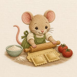 Cute Mouse Making Ravioli Embroidery Design, Italian Kitchen Chef Machine Embroidery File, Cottagecore Digital Download
