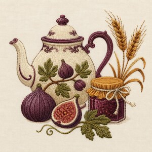 Ricamo a macchina di una teiera con fichi, marmellata di fichi e grano, stile vintage autunnale per cucina in stile cottage.