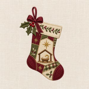 Puede incluir: Un calcetín navideño con un diseño de patchwork bordado que presenta una escena central de natividad, una estrella dorada y un pesebre. El calcetín está decorado con un lazo rojo, hojas de acebo verdes, bayas rojas y un puño color crema.