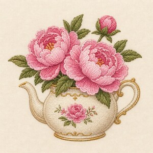 Puede incluir: Un diseño de bordado que muestra una tetera de color crema con adornos dorados y un pequeño motivo de rosa rosa. La tetera está llena de dos grandes flores de peonía rosa texturizadas, un capullo de peonía rosa y varias hojas verdes.