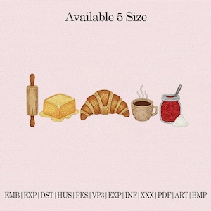 Puede incluir: Un diseño bordado con un rodillo, mantequilla, un cruasán, una taza de café y un tarro de mermelada. El texto "Available 5 Size" está en la parte superior. Abreviaturas de formatos de archivo en la parte inferior. Fondo rosa claro.
