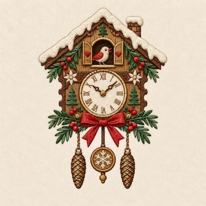 Christmas Cuckoo Clock Embroidery Design, Vintage Bird Clock with Pinecones Holly and Red Bow, Holiday Machine Embroidery File DST PES JEF