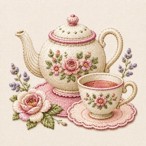 May include: An embroidered cream-coloured teapot and teacup set featuring pink rose motifs and green leaves. The teapot sits on a pink circular mat, while the teacup rests on a matching scalloped saucer. Sprigs of purple lavender accent the scene.