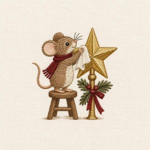 May include: An embroidery design featuring a brown mouse wearing a red scarf, standing on a small wooden stool while polishing a large gold star. The star is mounted on a gold pole decorated with green pine needles, red berries, and a red bow.