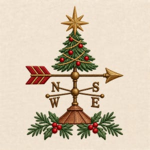May include: An embroidered design featuring a weather vane with a central pole, a directional arrow, and the letters N, S, W, and E. A decorated Christmas tree with a gold star sits atop the vane, flanked by green pine sprigs and red berries.