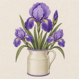Purple Iris Pitcher Embroidery Design, Vintage Floral Jug Machine Embroidery File, Botanical Cottagecore DST PES Download
