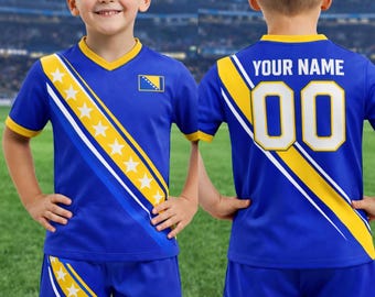 Conjunto infantil personalizado para aficionados al fútbol de Bosnia y Herzegovina, camiseta y pantalón corto de fútbol de Herzegovina, conjunto Hajmo Bosno 2026.