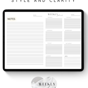 Peut inclure: Un planificateur hebdomadaire numérique sur une tablette. Le planificateur comprend des sections pour chaque jour, une section notes et le texte "Planifiez votre semaine avec style et clarté". Un logo en forme de cœur avec "Weekly Planner" est en bas.