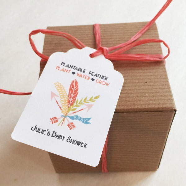 50 Boho baby shower favors -  Feather plantable seed paper favors - Boxed personalized favors - assembly required -