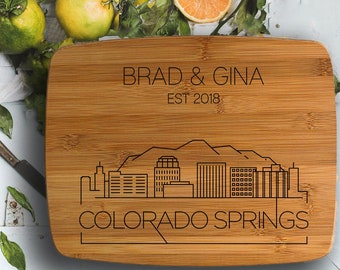 Colorado Springs Colorado Skyline Design- Engraved Cutting Board, Custom Cutting Board, Wedding Gift, Housewarming Gift