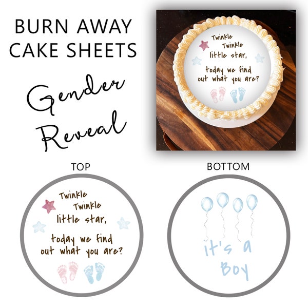 Gender Reveal, Burn away cake sheets - . Baby Shower, Burn away cake wafer paper or frosting paper. Boy or Girl.