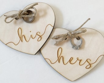 Wedding ring holder, wood ring pillow. engraved his and hers heart ring bearer pillow