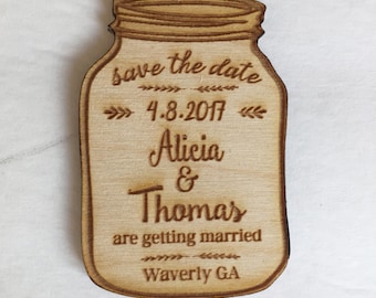 Mason Jar Save the Date Magnet – Engraved Wood Wedding Keepsake