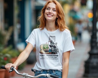 Funny COBOL Programmer T-Shirt, Y2K Slayer Raccoon, Retro IT Nerd Gift