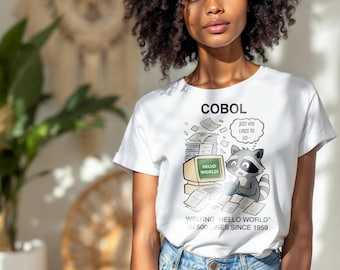 Funny COBOL Programmer T-Shirt, Retro Coder Raccoon, Hello World Tee