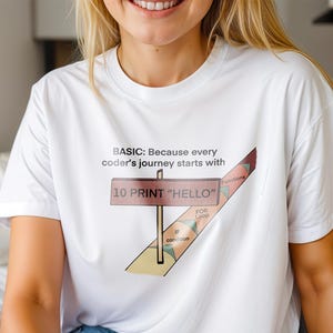 May include: White t-shirt with the text "BASIC: Because every coder's journey starts with 10 PRINT 'HELLO'". The design includes a road sign graphic with programming concepts like "FOR Loop" and "IF condition".