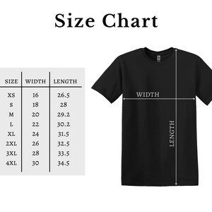 May include: A black t-shirt with a size chart. The chart lists sizes XS to 4XL, with corresponding width and length measurements in inches. The text "Size Chart" is at the top of the image. The shirt's width and length are indicated with white lines.