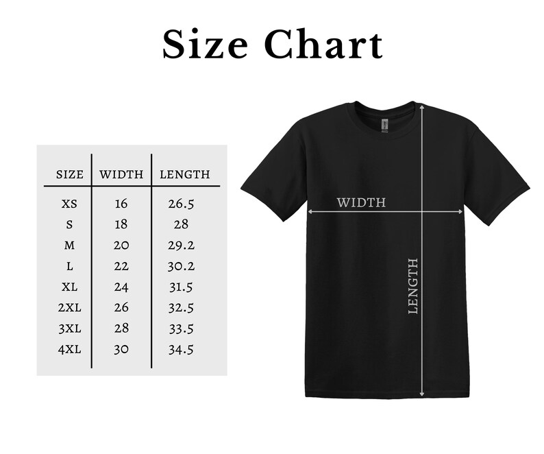 May include: A black t-shirt with a size chart. The chart lists sizes XS to 4XL, with corresponding width and length measurements in inches. The text "Size Chart" is at the top of the image. The shirt's width and length are indicated with white lines.