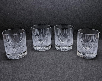 Set of 4 Bohemian Cut Lead Crystal Whiskey Glasses, Diamond & Fan Pattern