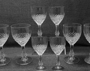 Cristal D’Arques Chenonceaux Wine Glasses and Cordial Goblets, Set of 8 Vintage French Elegant Crystal Diamond Cut Stemware