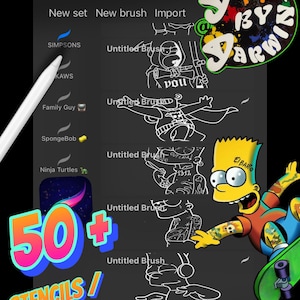 May include: Digital art app interface with the word "Brushes" at the top. The screen displays options for new sets, brushes, and imports. Includes cartoon character stencils and stamps, with the text "50+ STENCILS / STAMPS".