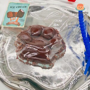 May include: A chocolate-covered ice cream sandwich squishy toy. The toy is brown with a light blue layer and chocolate chip sprinkles. The packaging includes a vintage-style ice cream label that says "Daily Fresh Ice Cream" and "Try Me!"