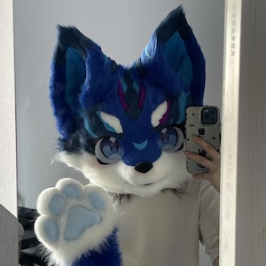 Puede incluir: Un fursuit de cabeza de lobo peludo azul y blanco con grandes ojos de dibujos animados y una pata levantada en un saludo. El fursuit tiene pelo azul y blanco con acentos de morado y rosa. El fursuit se refleja en un espejo.