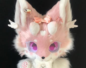 Custom Fox Fursuit Commission, Kawaii Pink Fox Kemono Fursuit Head with Horns, Fursona Adoption, Toony  Fursuit Costume,