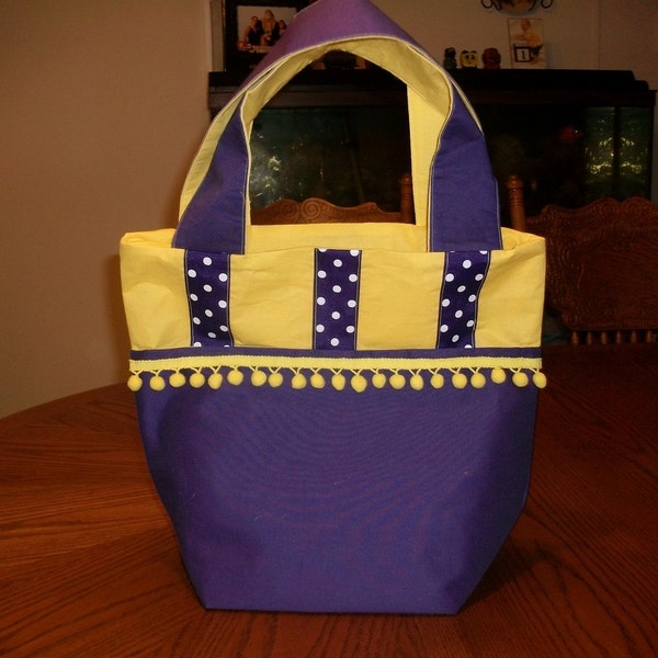 SALE was Tote Bag Purple and Yellow with polka dots and pom poms.