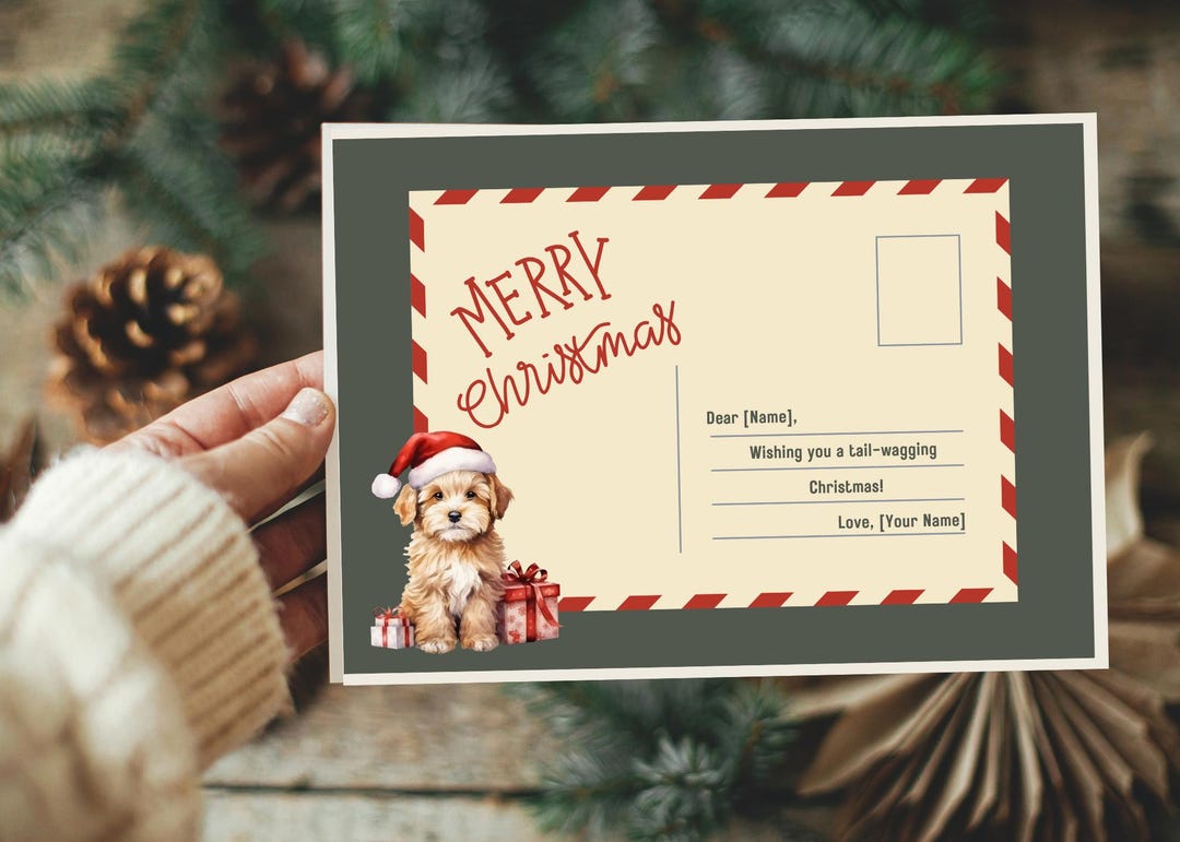 Editable Dog Christmas Card Template Rustic Pet Holiday Postcard