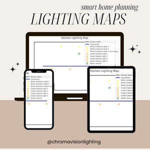 Puede incluir: Una representación digital de un mapa de iluminación de cocina en una computadora portátil, una tableta y un teléfono inteligente. Las pantallas muestran un diagrama con etiquetas para elementos de iluminación como "Paredes de la cocina". El texto "LIGHTING MAPS" se muestra.