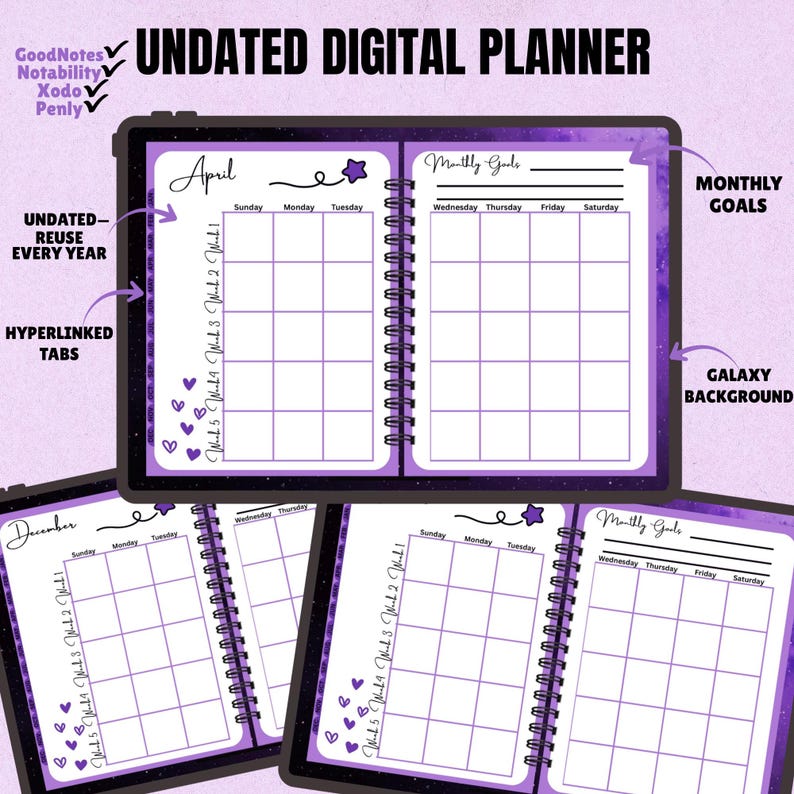 Purple Galaxy Undated Digital Planner | Hyperlinked Tabs | Goodnotes ...