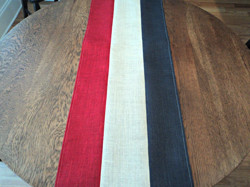 4th of July Table Runner Burlap Table Runner Red Off White and Blue Table Runner Patriotic Party Memorial Day Decor Handmade in the USA image 4