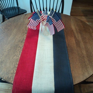 4th of July Table Runner Burlap Table Runner Red Off White and Blue Table Runner Patriotic Party Memorial Day Decor Handmade in the USA image 1