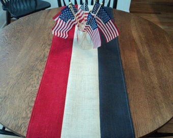 4th of July Table Runner Burlap Table Runner Red Off White and Blue Table Runner Patriotic Party Memorial Day Decor Handmade in the USA